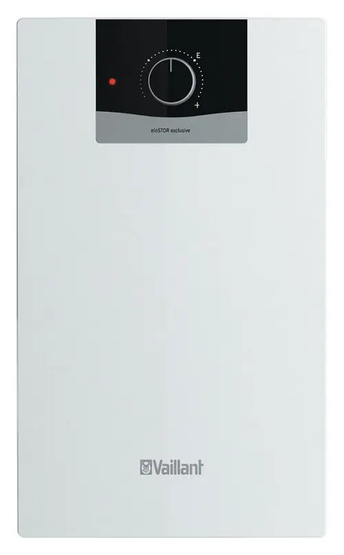 Vaillant Elektro-Speicher mit regulierbarem Temperaturknopf und Betriebsanzeige, in einem schlichten weißen Design, für die Montage unter der Arbeitsfläche.